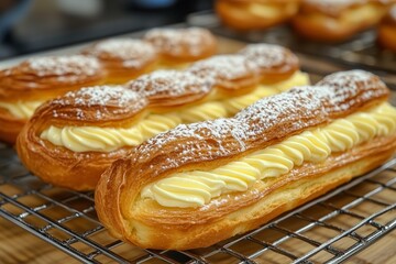Traditional french eclairs filled with vanilla cream and powdered sugar.