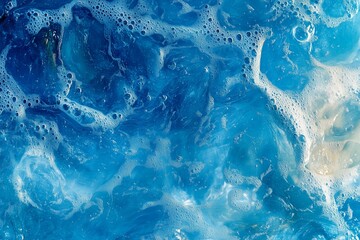 Transparent blue texture of clear water surface with ripples, splashes and bubbles. Abstract summer background with copy space