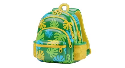 Vibrant green backpack adorned with a playful leaf pattern in yellow and blue hues stands alone