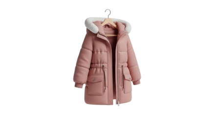 A stylish light pink puffer coat with a faux fur hood hangs invitingly on a wooden hanger, elegant