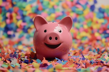 Cheerful pink piggy bank surrounded by colorful confetti, symbolizing savings and celebration in a vibrant setting.