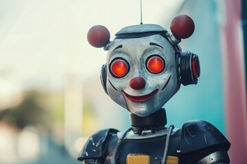 Clown in robot suit with red eyes on blurry background