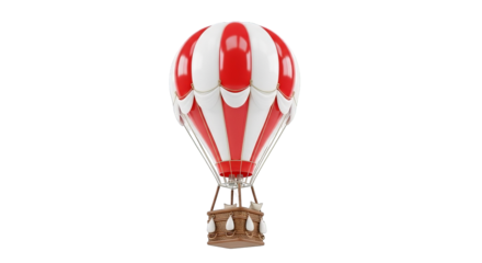 A whimsical 3D render of a red and white striped hot air balloon against a dark, stark background.
