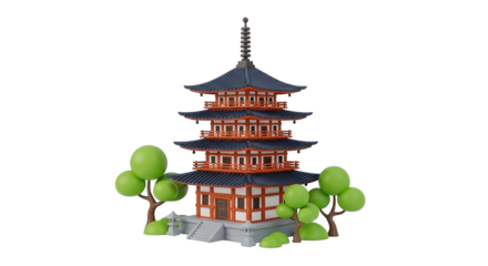Stylized illustration shows a traditional tiered pagoda with trees; against a plain backdrop.