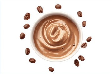 Coffee with cream in a white cup with coffee beans and chocolate, on a white background