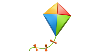 Colorful kite in yellow, red, blue and green with a playful tail set against a simple backdrop.