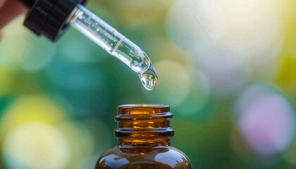 Close-up of a glass dropper releasing a drop of liquid into a small brown glass bottle, blurred green natural background