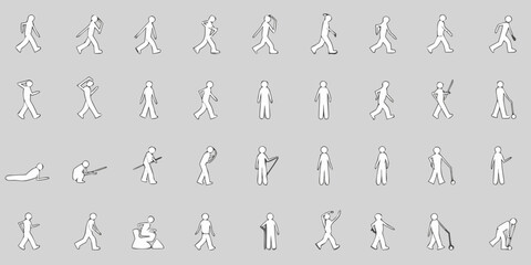Collection of simple white line drawing human figures in various poses and actions on a gray background