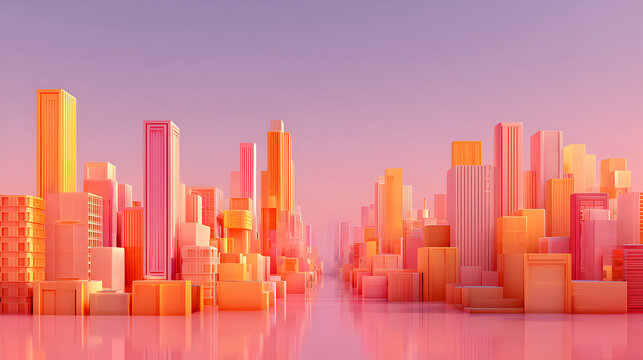 Vibrant modern cityscape with pastel skyscrapers bathed in warm, glowing sunset light, reflecting on a serene, mirror-like surface