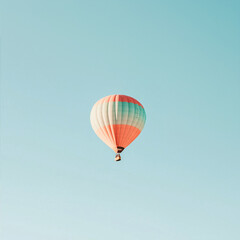 Naklejka premium A pastel-striped hot air balloon floats alone in a clear blue sky, minimalist composition and serene atmosphere.