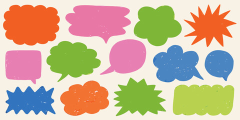 Collection of colorful hand drawn speech bubbles and thought clouds in various shapes and sizes on a light background