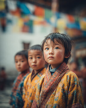 Children in Bhutan dressed in traditional kira and gho, joining their families at the monastery for Lhabab D&uuml;chen prayers. Innocent faces filled with curiosity, framed by colorful prayer flags above. 