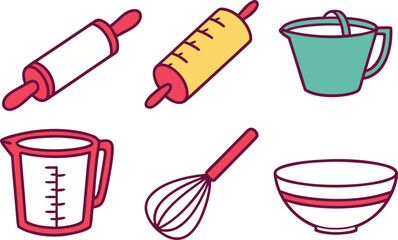A collection of colorful baking utensils including rolling pins, measuring cups, a vector Illustration