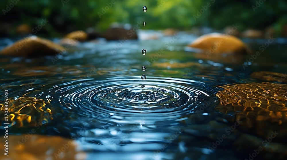 Poster close up of water drops falling into a clear stream creating concentric ripples around submerged roc