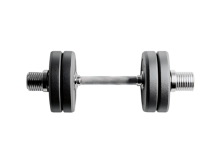 Single metal dumbbell with black weight plates isolated on transparent background