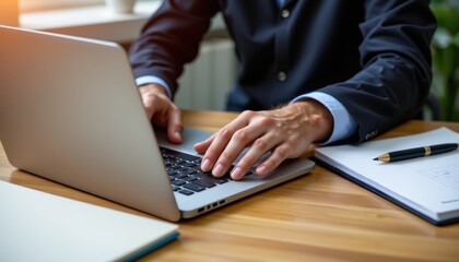 Data flow and ai insights hands typing on laptop in modern office environment