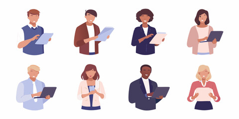 Diverse group of smiling professionals holding tablets and laptops in a flat illustration style