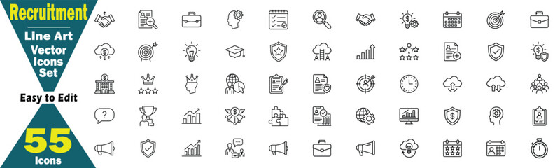 Recruitment Line Art Vector Icons. Set of 55 Concepts hiring career, hiring, job, career, business, handshake, briefcase, profile, search, target, idea, lightbulb, graduation cap concept. 