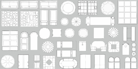 Collection of top down architectural elements and furniture designs in a simple line drawing style