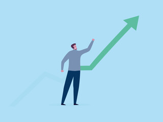 Obraz premium Man reaching for a green upward trending arrow symbolizing growth and success
