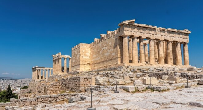 Ancient Parthenon ruins on a hilltop, clear blue sky