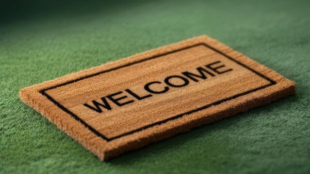 A rectangular welcome mat, light brown with dark border, rests on a green surface. The word "WELCOME" is prominently displayed
