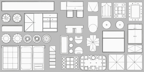 Top down view of various furniture and architectural elements in a clean line art style