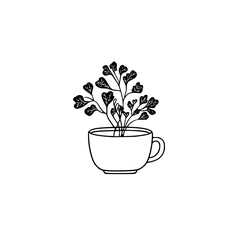 Plant in cup vector drawing, minimalist illustration, plant art, cup art, line art, black and white design, simple drawing