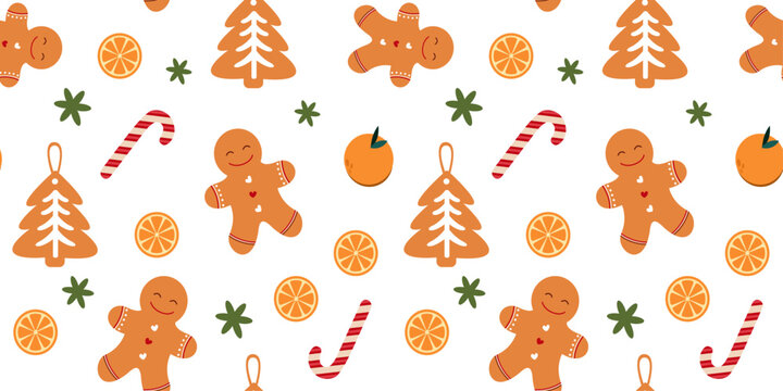 Seamless christmas pattern with gingerbread man, tree biscuit, candy cane, orange slice. Background for wrapping paper and fabric print