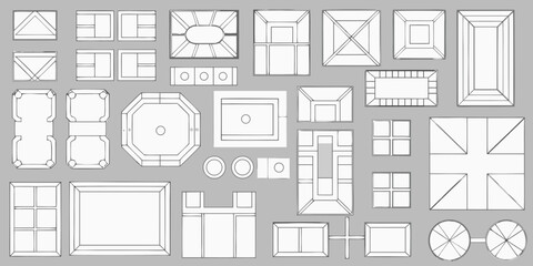 Collection of hand drawn architectural top down views of various geometric shapes and objects