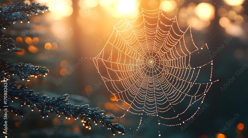 Poster dew covered spider web sparkling in the golden morning sunlight with a soft bokeh background