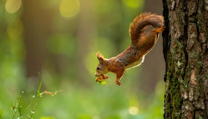 A red squirrel clings to a tree, holding a green morsel, with a blurred forest background