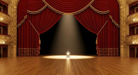 A grand theater stage, lit by a spotlight, with rich red velvet curtains and ornate golden details, presents a captivating theatrical setting.