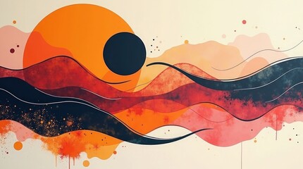 Abstract sunset illustration with orange sun and flowing layered shapes