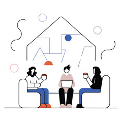 Business Talking vector illustration, Three people with drinks and laptop,  people, sitting, couch, laptop in a modern abstract setting with geometric shapes.