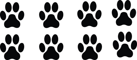 Black paw print silhouette icons collection, animal footprint vector symbols, pet design elements for logo, tracking, decoration, and wildlife projects