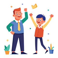 Two men in business attire celebrating, business, success, design, teamwork, description:, illustration, happiness, smiling, raised, friends with raised fists and confetti on white background
