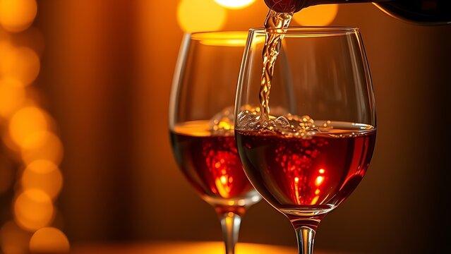 Golden-hued wine glasses being poured, evoking elegance and refined taste.