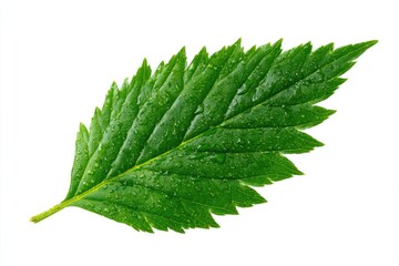 Fototapeta premium Close-up of a vibrant green leaf, serrated edges, covered in water droplets, isolated on a white background