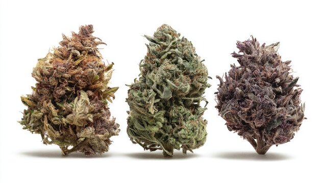 Three cannabis nugs, various colors, isolated