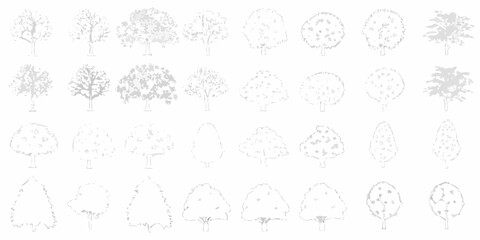 Collection of stylized hand drawn trees in various shapes and sizes with a minimalist white and grey color palette