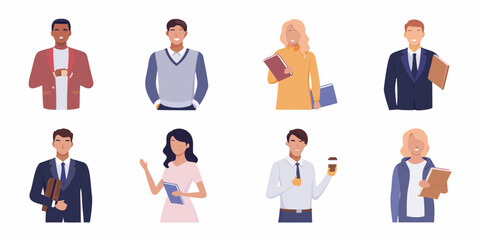 Diverse group of smiling business professionals and students holding books and coffee