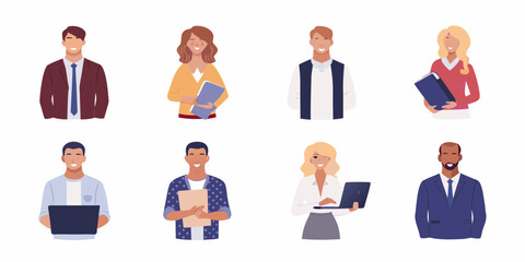 Diverse group of smiling professionals in business attire holding laptops and folders on a white background