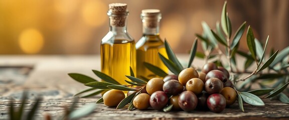 Olive Oil Bottle with Fresh Olives on Rustic Wood 
