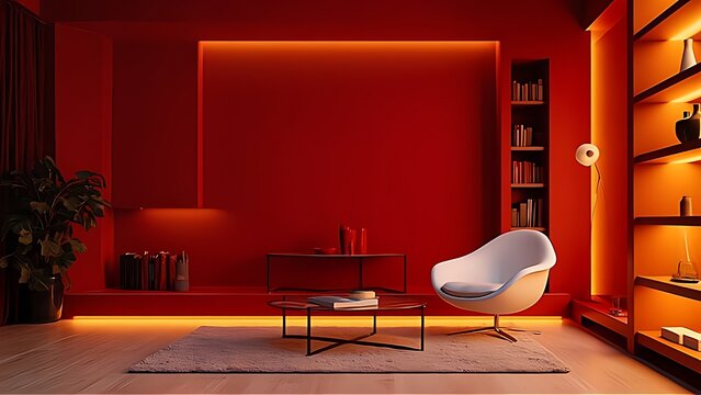 A bold living room featuring a white sofa, red accent wall, and modern shelving. Sunlight streaming through the windows adds warmth, creating a vibrant, energetic, and contemporary atmosphere.
