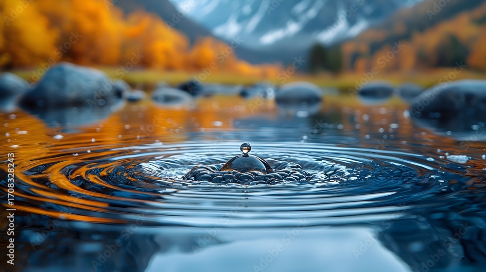 Poster ro view of a water drop creating ripples on a calm surface reflecting an autumn mountain landscape