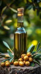 Olive Oil Bottle with Fresh Olives on Rustic Wood 