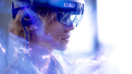 Person wearing augmented reality headset with digital interface overlay in a high-tech environment