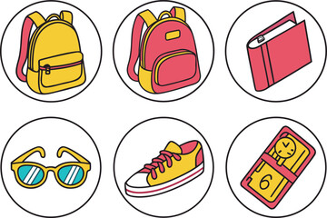 Collection of School and Personal Items in Circular Icons vector Illustration