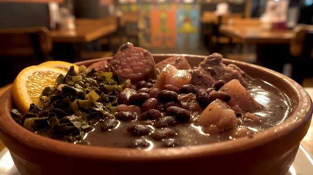 Delicious Brazilian Feijoada Dish with Orange Slice and Greens in a Rustic Bowl, Close-up